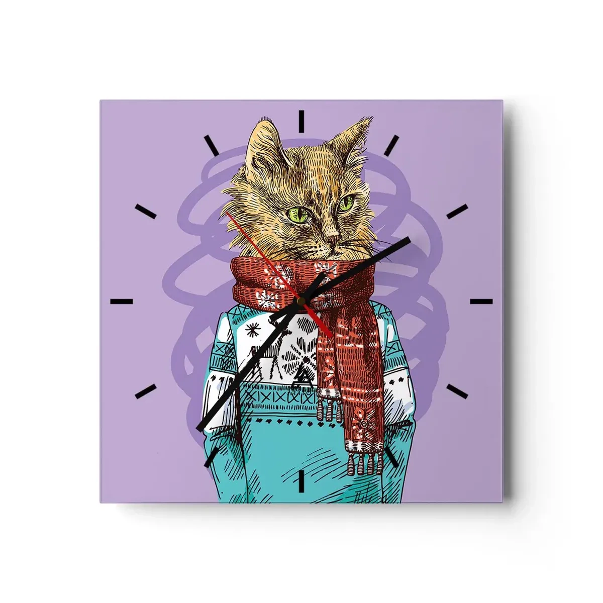 Zegar ścienny - Kot w swetrze i szaliku na fioletowym tle - 30x30cm - Kot nie tylko w butach - Nowoczesna dekoracja ścienna do salonu i sypialni ARTTOR
