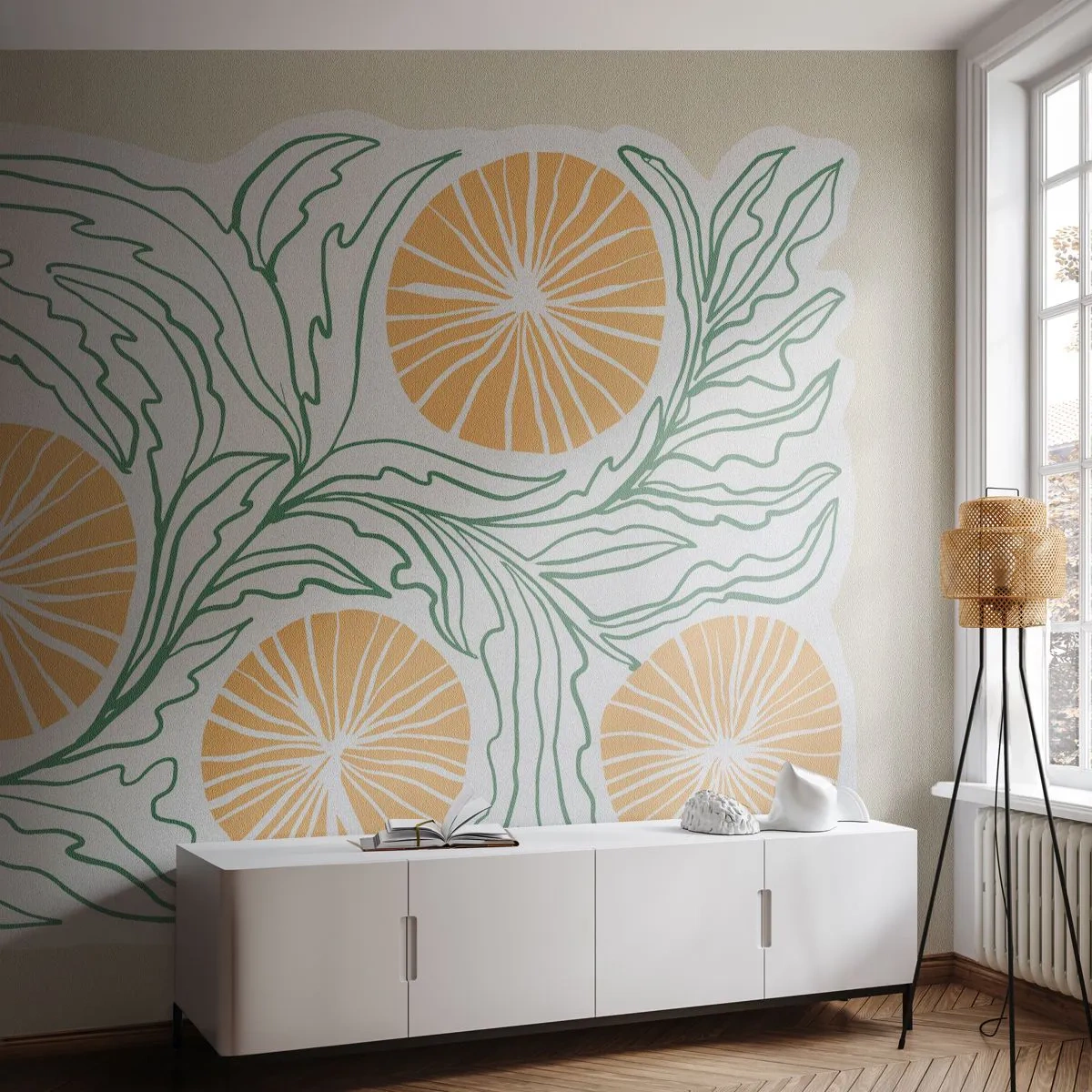 Fototapeta Premium Sand - Pomarańczowe owoce i zielone liście w graficznej formie - 100x70cm - Etnicznie z nutą abstrakcji - Nowoczesna dekoracja ścienna do salonu, kuchni i sypialni ARTTOR