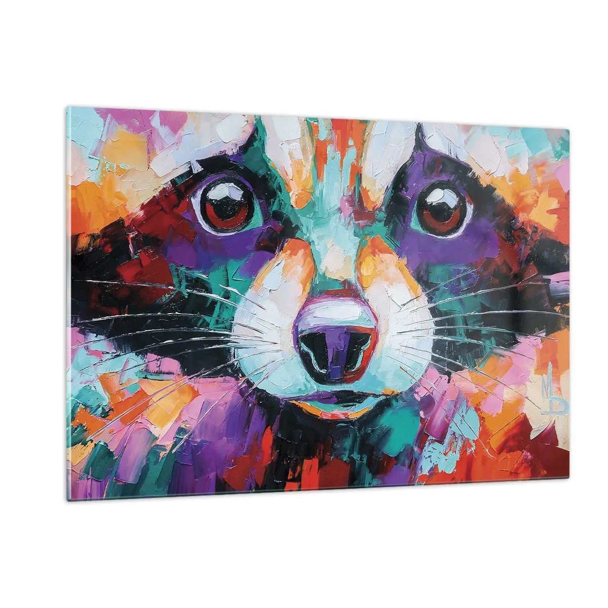 Obraz na szkle - A vibrant and colorful portrait of a raccoon painted in bold brushstrokes - 120x80cm - Tylko dobre emocje - Nowoczesna dekoracja ścienna do salonu, kuchni i sypialni ARTTOR