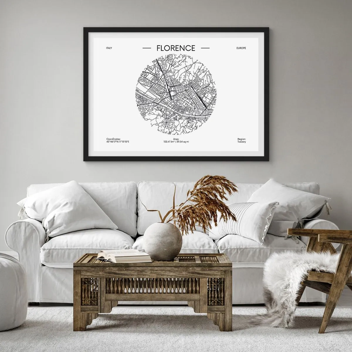 Plakat w czarnej ramie - Mapa Florencji w minimalistycznym, czarno-białym stylu - 70x50cm - Anatomia Florencji - Nowoczesna dekoracja ścienna do salonu i sypialni ARTTOR