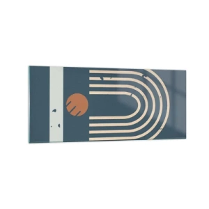 Obraz na szkle - Geometryczny wzór w odcieniach granatu, beżu i pomarańczu na ciemnym tle - 120x50cm - Geometria na granacie - Nowoczesna dekoracja ścienna do salonu i sypialni ARTTOR