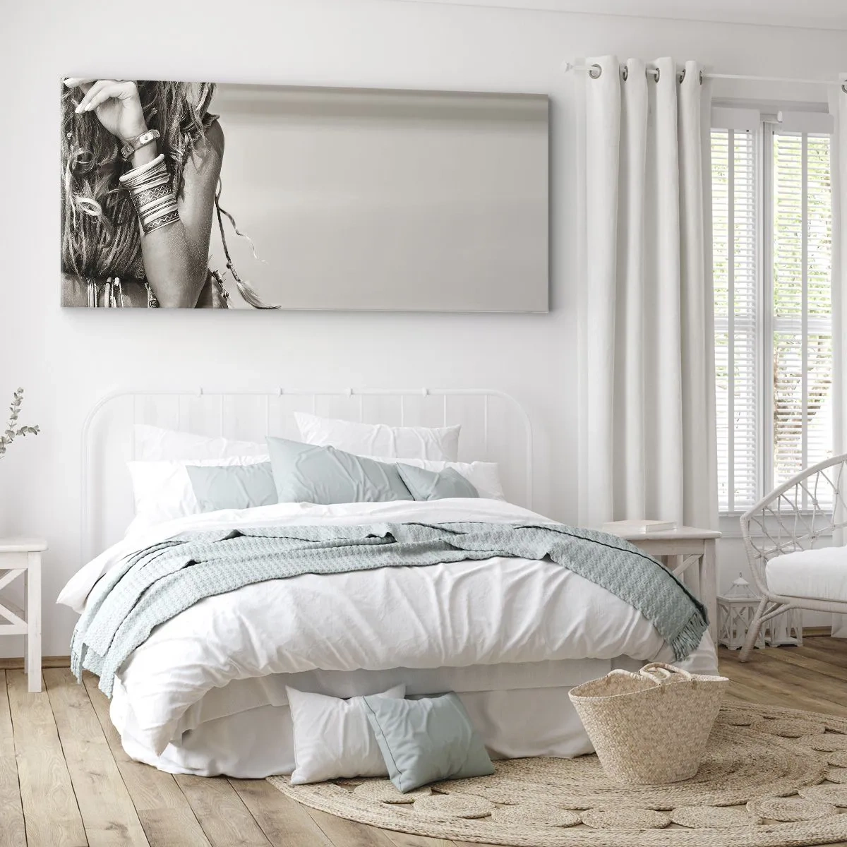 Obraz na płótnie - Portret kobiety w stylu boho z biżuterią - 120x50cm - Jak to dziewczyna - Nowoczesna dekoracja ścienna do salonu i sypialni ARTTOR