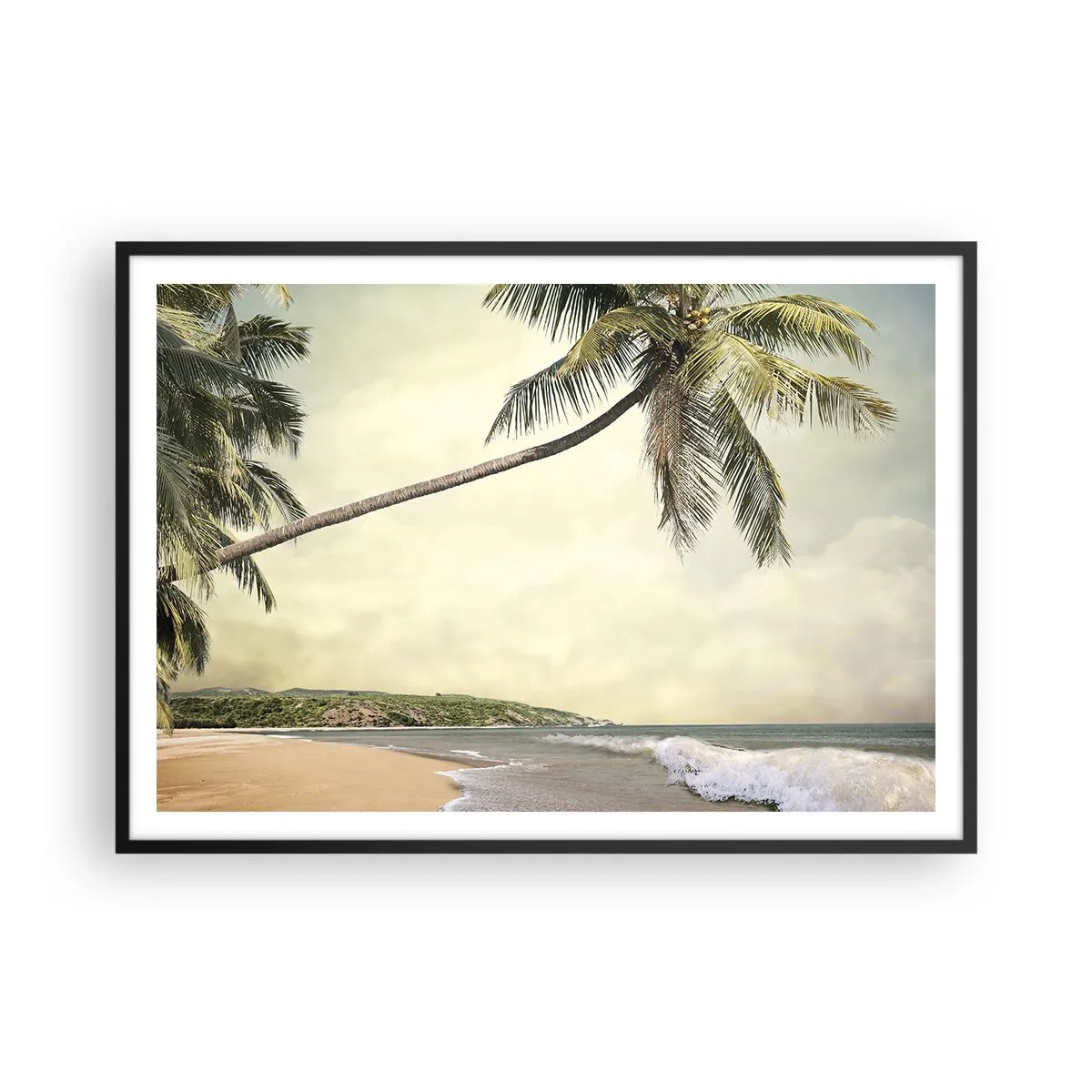 Plakat w czarnej ramie - Plaża z palmami na tle spokojnego morza - 100x70cm - Tropikalne marzenie - Nowoczesna dekoracja ścienna do salonu i sypialni ARTTOR