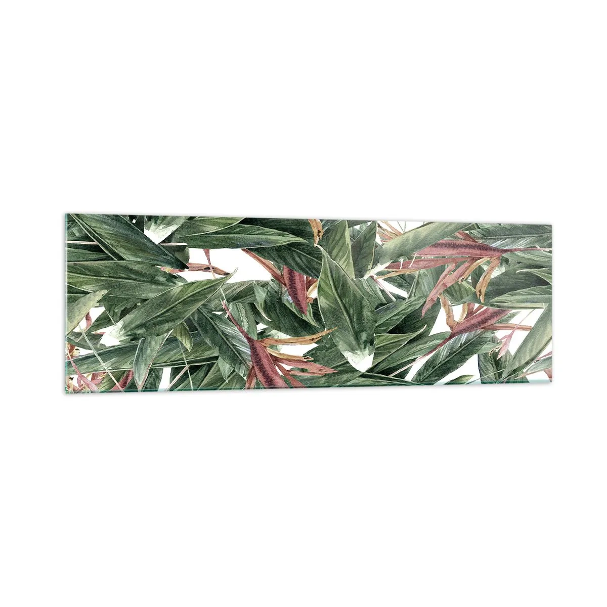 Obraz na szkle - Dekoracyjny motyw liści w odcieniach zieleni i bordo na jasnym tle - 160x50cm - Szmaragdowo-liliowy gąszcz - Nowoczesna dekoracja ścienna do salonu i sypialni ARTTOR