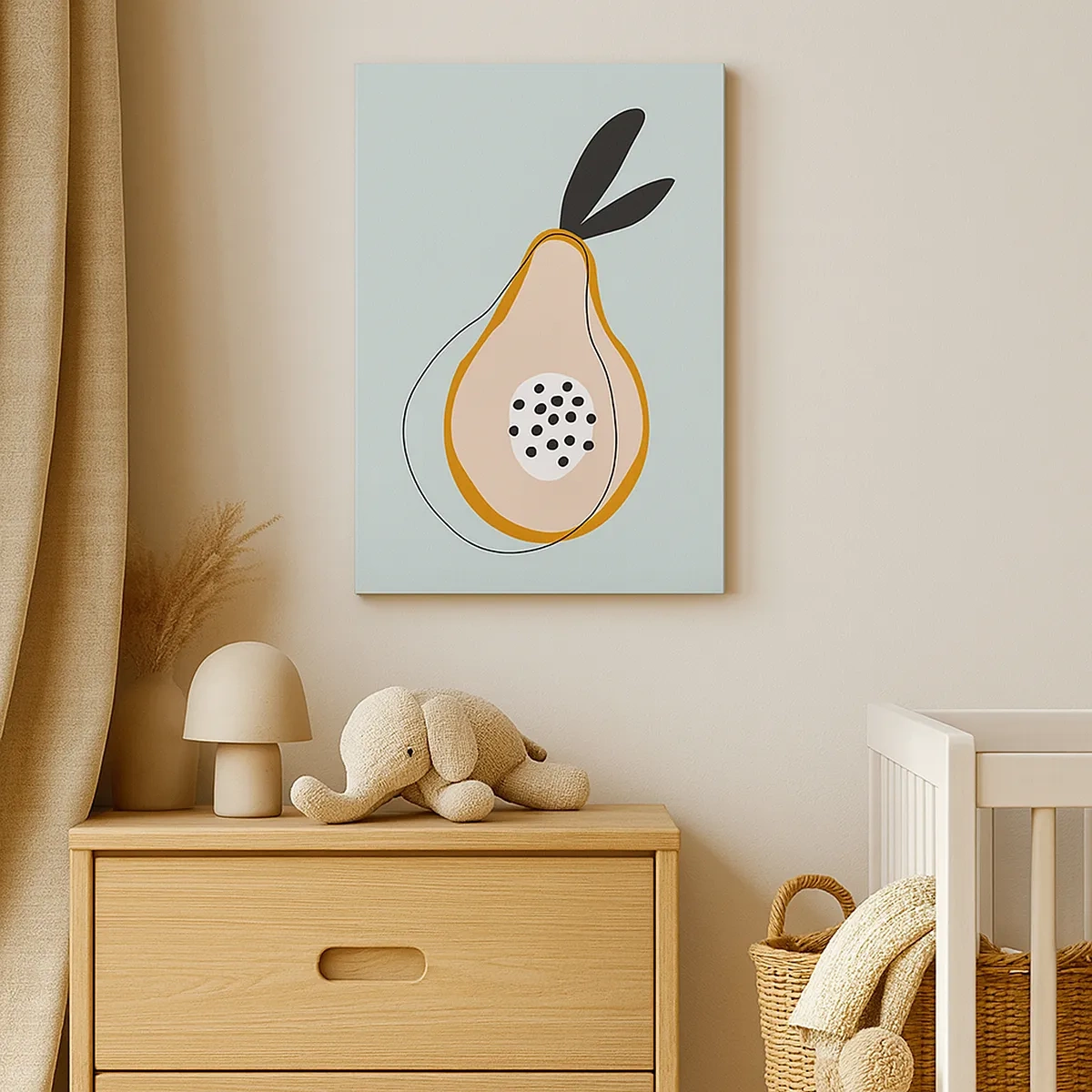 Obraz na płótnie - Abstrakcyjna gruszka w stylu minimalistycznym na pastelowym tle - 50x70cm - Przeniknąć w naturę rzeczy - Nowoczesna dekoracja ścienna do salonu, kuchni i sypialni ARTTOR