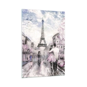 Obraz na szkle - Romantyczna para w Paryżu z Wieżą Eiffla w tle - 50x70cm - Jak zakochac się, to tylko w… - Nowoczesna dekoracja ścienna do salonu, kuchni i sypialni ARTTOR