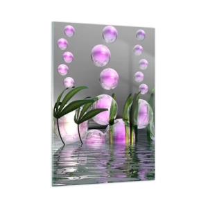 Obraz na szkle - Fioletowe bańki unoszące się nad wodą z roślinami - 50x70cm - Refleksyjna kompozycja lekkości i życia - Nowoczesna dekoracja ścienna do salonu, kuchni i sypialni ARTTOR