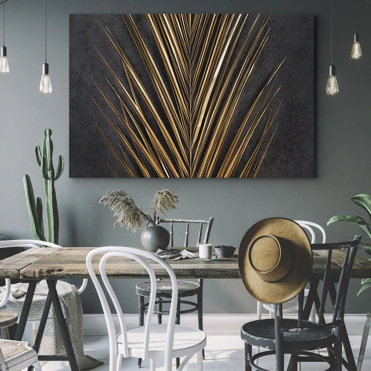 Obraz na płótnie - Złoty liść tropikalny na czarnym tle - 70x50cm - Złoto tropików - Nowoczesna dekoracja ścienna do salonu i sypialni ARTTOR