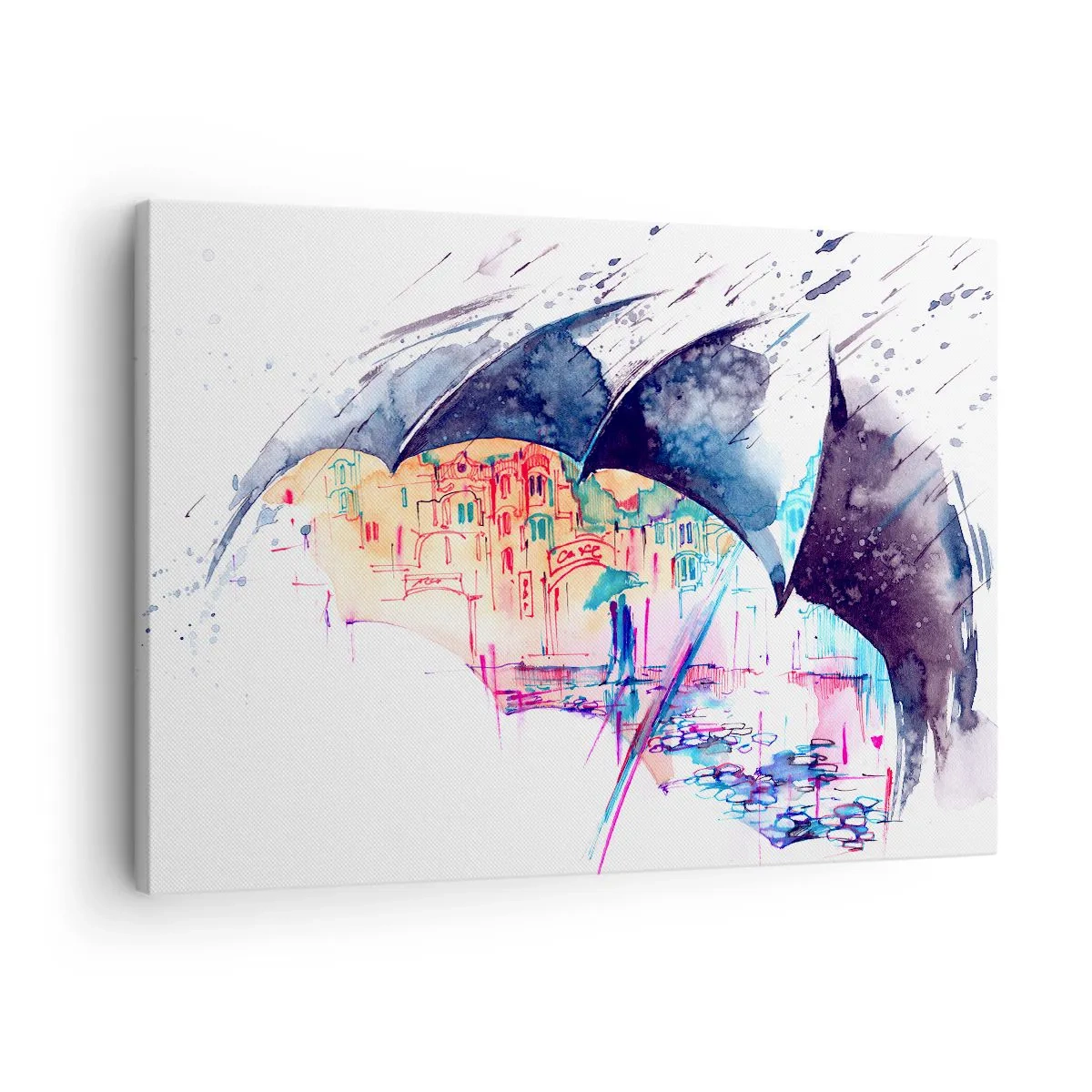Obraz na płótnie - Kolorowe miasto ukryte pod abstrakcyjnymi parasolami - 70x50cm - Spacer w deszczu - Nowoczesna dekoracja ścienna do salonu i sypialni ARTTOR