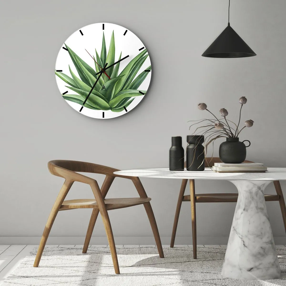 Zegar ścienny - Zielona agawa na białym tle w stylu botanicznym - 30x30cm - Zieleń – siła – życie - Nowoczesna dekoracja ścienna do salonu, kuchni i sypialni ARTTOR