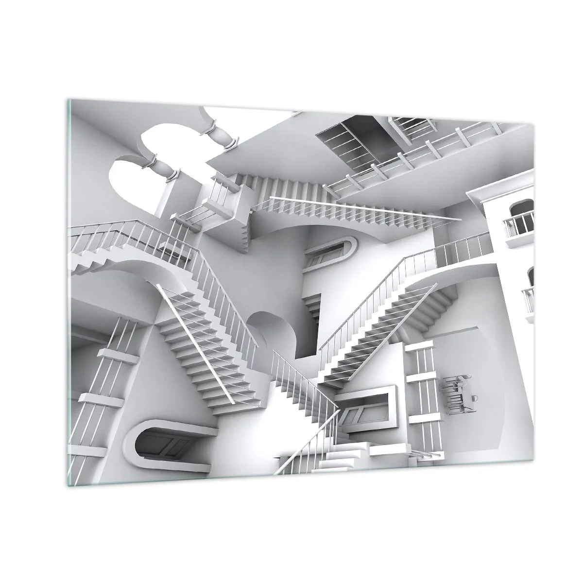 Obraz na szkle - Labirynt schodów w surrealistycznej przestrzeni - 100x70cm - Paradoksy przestrzeni - Nowoczesna dekoracja ścienna do salonu, kuchni i sypialni ARTTOR