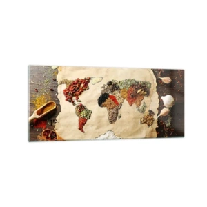 Obraz na szkle - Mapa świata wykonana z przypraw na drewnianym tle - 120x50cm - Wszystkie smaki świata - Nowoczesna dekoracja ścienna do salonu i sypialni ARTTOR