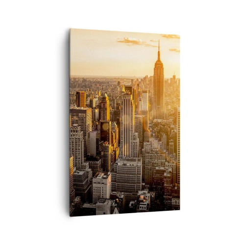 Obraz na płótnie - Panorama Nowego Jorku o zachodzie słońca z widokiem na Empire State Building - 80x120cm - Rosnąc w słońcu - Nowoczesna dekoracja ścienna do salonu i sypialni ARTTOR