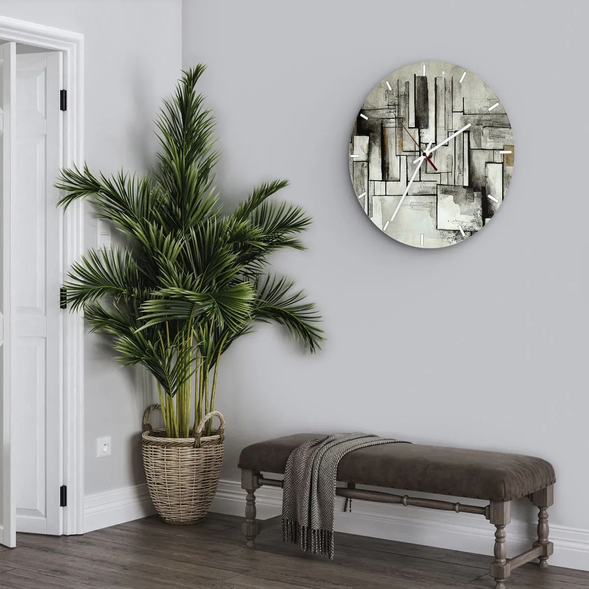 Zegar ścienny - Geometryczna kompozycja z prostokątów w stonowanych barwach - 30x30cm - Siła prostoty - Nowoczesna dekoracja ścienna do salonu, kuchni i sypialni ARTTOR