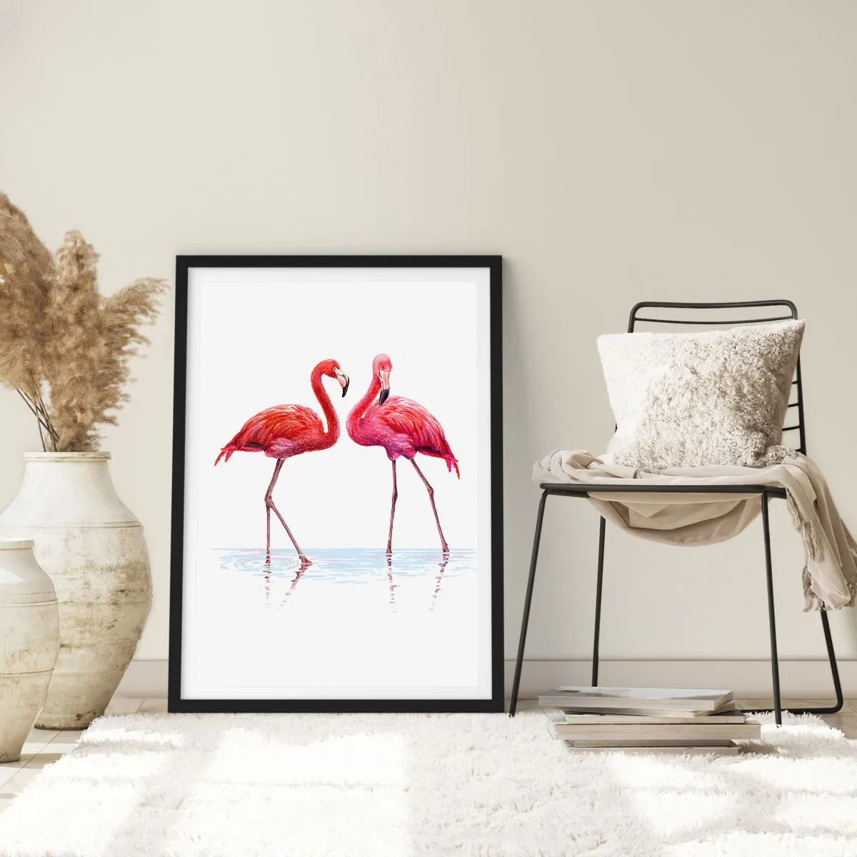 Plakat w czarnej ramie - Dwa flamingi na białym tle z odbiciem w wodzie - 50x70cm - Różowe randez-vous - Nowoczesna dekoracja ścienna do salonu i sypialni ARTTOR