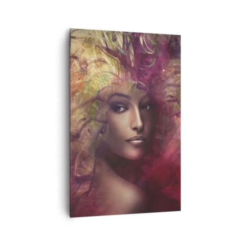 Obraz na płótnie - Kobieta w abstrakcyjnych kolorach tworzących dynamiczne tło - 80x120cm - Tu jestem! - Nowoczesna dekoracja ścienna do salonu i sypialni ARTTOR