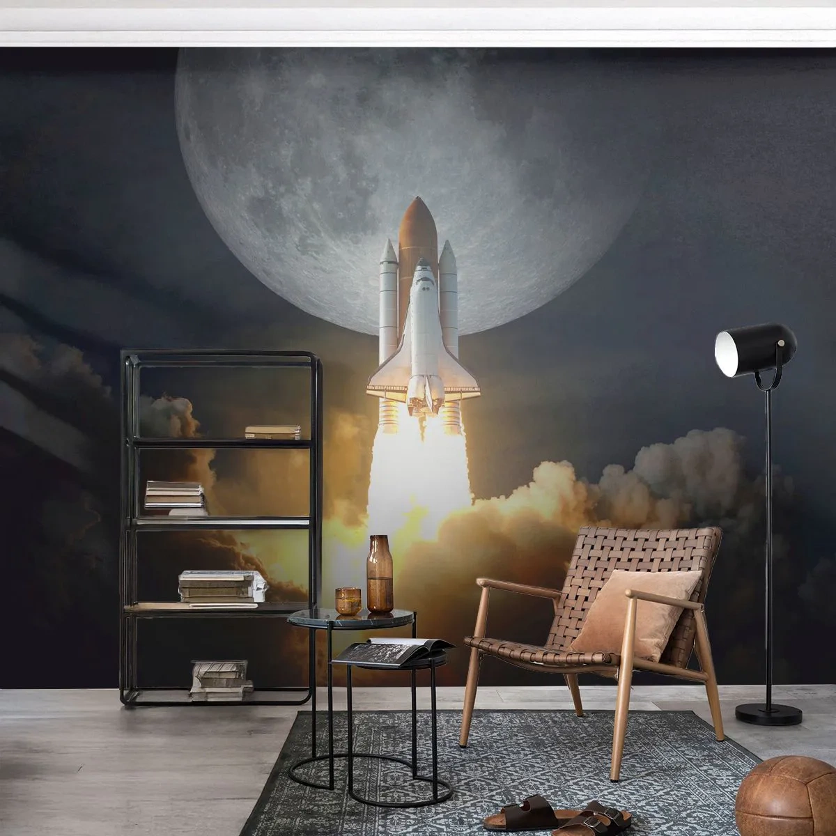 Fototapeta Premium Sand - Start promu kosmicznego na tle księżyca w nocnej scenerii - 100x70cm - Początek nieziemskiej przygody - Nowoczesna dekoracja ścienna do salonu, kuchni i sypialni ARTTOR