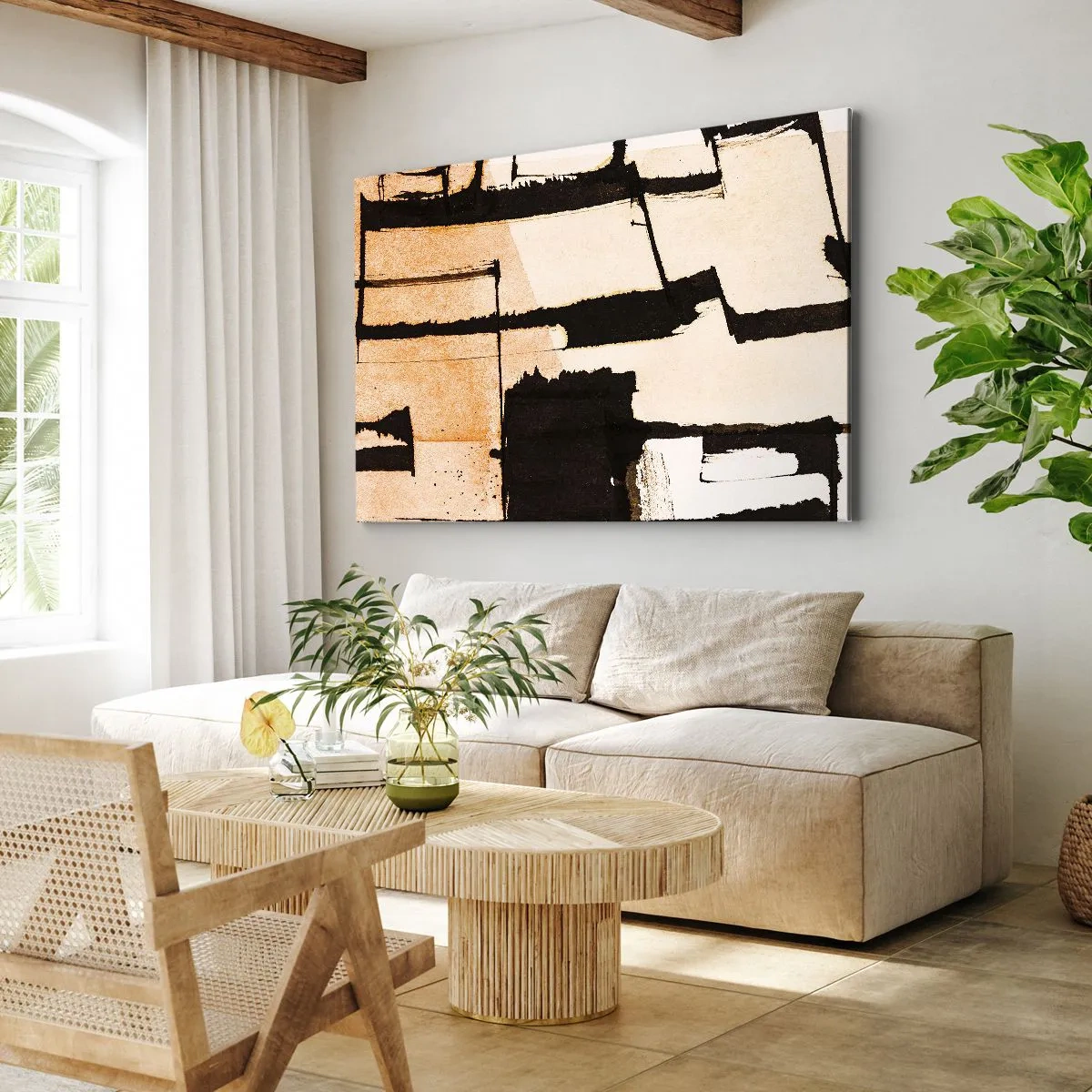 Obraz na płótnie - Geometryczne wzory w odcieniach brązu i beżu - 70x50cm - Jednak porządek - Nowoczesna dekoracja ścienna do salonu i sypialni ARTTOR