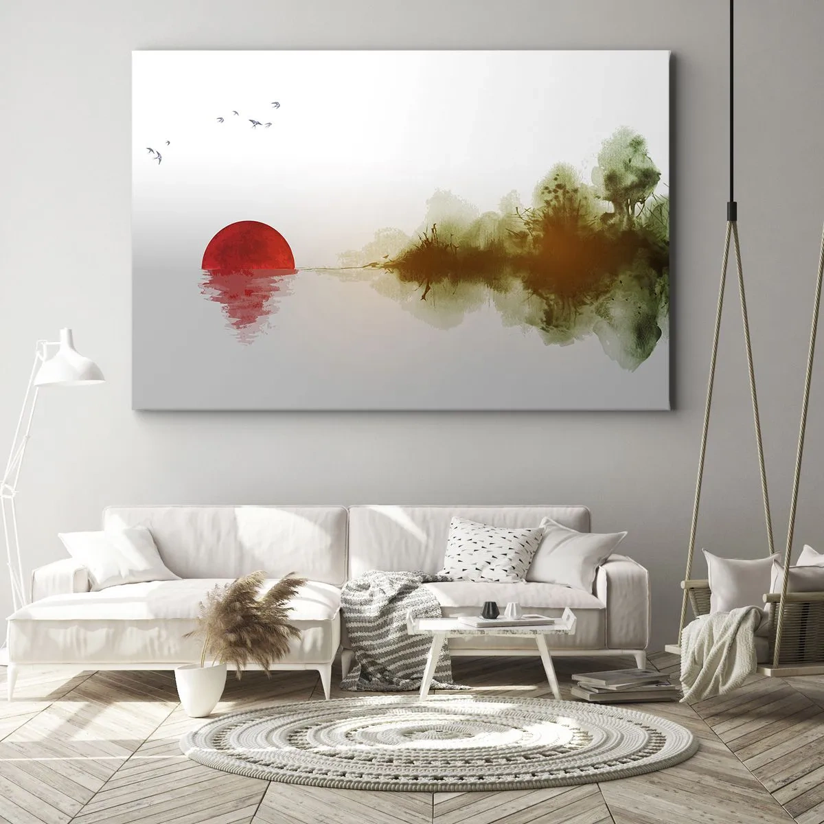 Obraz na płótnie - Abstrakcyjny zachód słońca nad jeziorem z odbiciem - 70x50cm - Obietnica spokoju - Nowoczesna dekoracja ścienna do salonu i sypialni ARTTOR