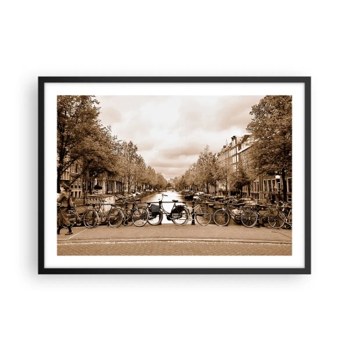 Plakat w czarnej ramie - Rowerowy mostek nad kanałem w sepia - 70x50cm - Holenderskie klimaty - Nowoczesna dekoracja ścienna do salonu i sypialni ARTTOR