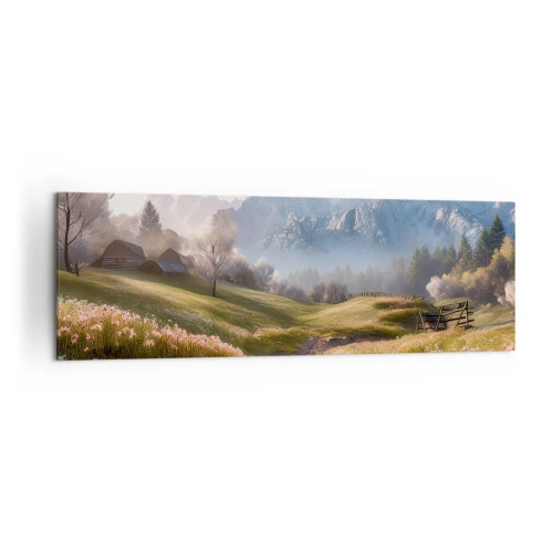 Obraz na płótnie - Górska dolina z łąkami, chatami i widokiem na szczyty - 160x50cm - Sielska dolina - Nowoczesna dekoracja ścienna do salonu i sypialni ARTTOR