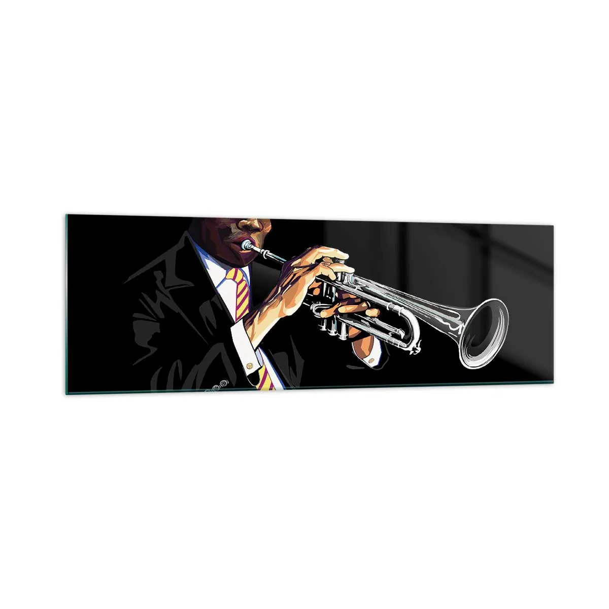 Obraz na szkle - Muzyk grający na trąbce na czarnym tle - 160x50cm - Czar starej szkoły - Nowoczesna dekoracja ścienna do salonu i sypialni ARTTOR