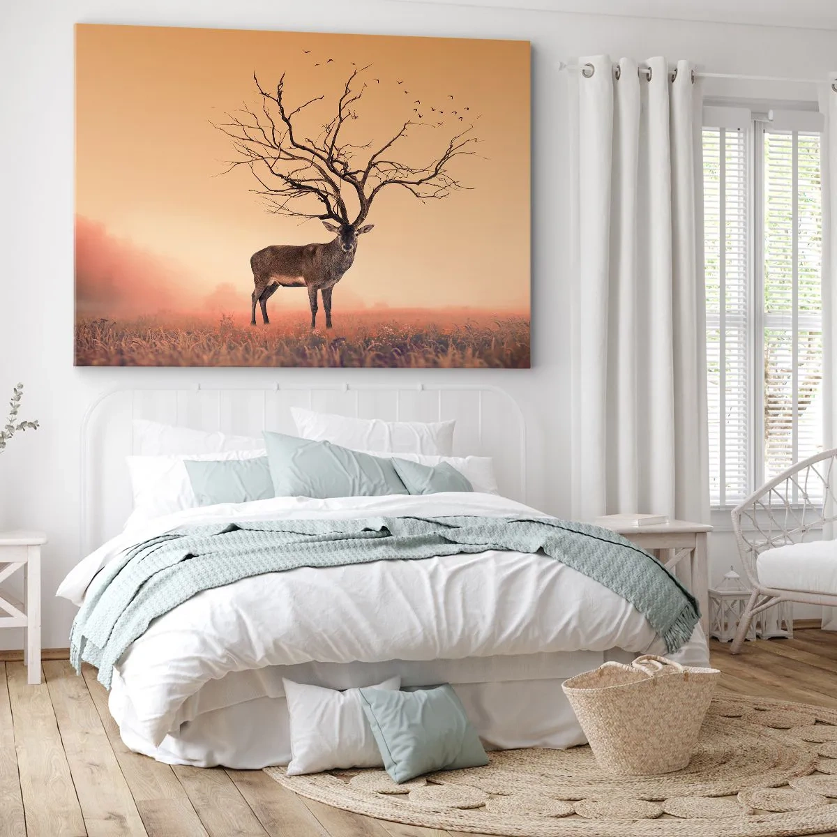 Obraz na płótnie - Fantazyjna grafika jelenia z gałęziami zamiast poroża - 70x50cm - Prajeleń - odwieczny duch lasu - Nowoczesna dekoracja ścienna do salonu i sypialni ARTTOR