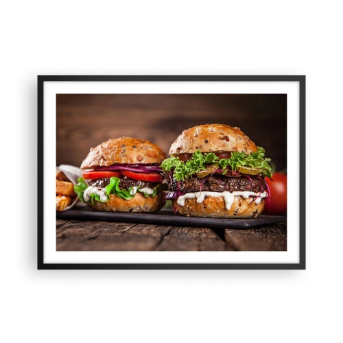Plakat w czarnej ramie - Apetyczne burgery z warzywami i sosem - 70x50cm - American dream - Nowoczesna dekoracja ścienna do salonu i sypialni ARTTOR