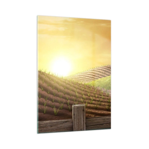 Obraz na szkle - Zachód słońca nad farmą z polem i traktorem - 50x70cm - Farma jak z bajki - Nowoczesna dekoracja ścienna do salonu, kuchni i sypialni ARTTOR