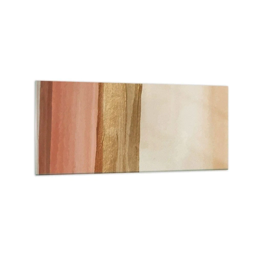 Obraz na szkle - Abstrakcyjne pasy w odcieniach beżu, złota i różu na płótnie - 120x50cm - Kompozycja wertykalna - Nowoczesna dekoracja ścienna do salonu i sypialni ARTTOR