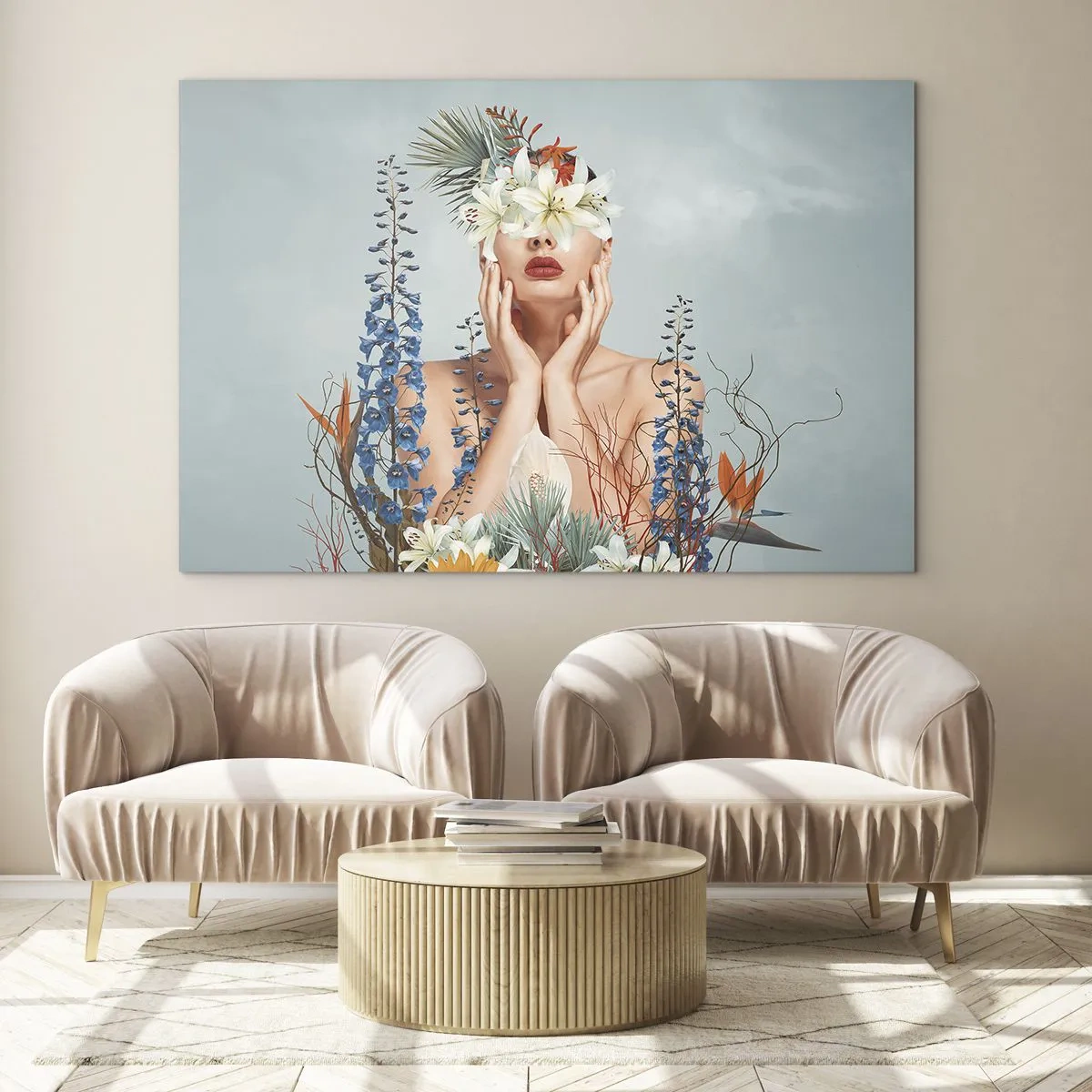 Obraz na szkle - Postać kobiety z kwiatową koroną i kompozycją florystyczną - 70x50cm - Kobieta – kwiat - Nowoczesna dekoracja ścienna do salonu i sypialni ARTTOR