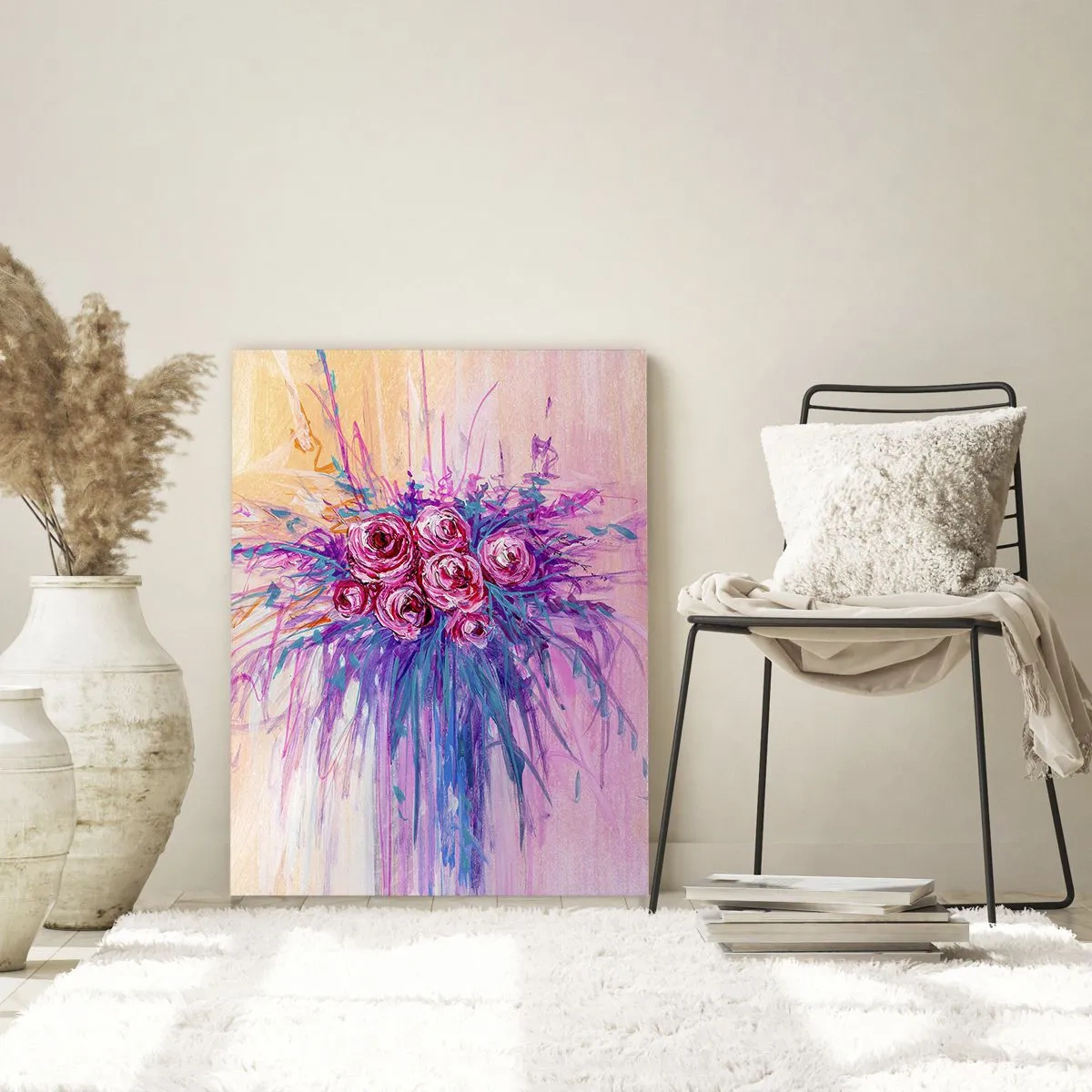 Obraz na szkle - Bukiet róż w odcieniach różu i fioletu na tle w pastelowych kolorach - 50x70cm - Różana fontanna - Nowoczesna dekoracja ścienna do salonu, kuchni i sypialni ARTTOR