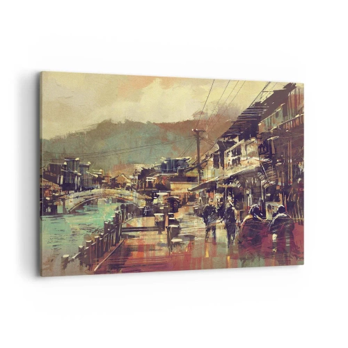 Obraz na płótnie - Miasteczko z mostem i uliczkami w artystycznym stylu - 100x70cm - Życie jako bogactwo szarości - Nowoczesna dekoracja ścienna do salonu, kuchni i sypialni ARTTOR