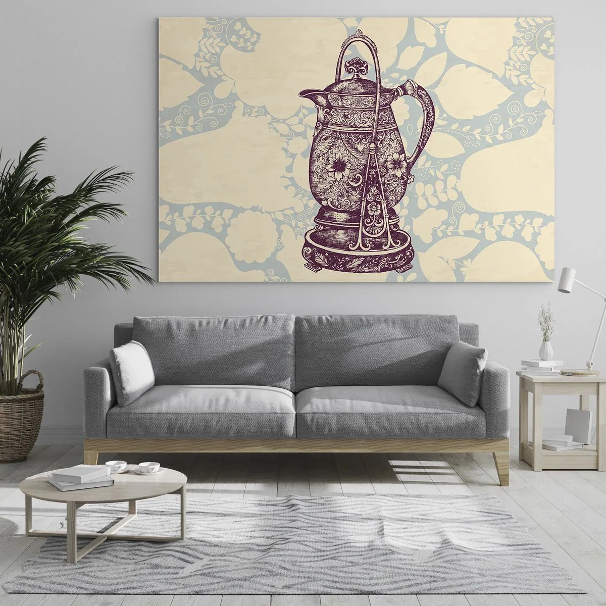 Obraz na szkle - Zdobiony dzbanek w stylu vintage na jasnym tle z ornamentem - 70x50cm - Uroda codzienności - Nowoczesna dekoracja ścienna do salonu i sypialni ARTTOR