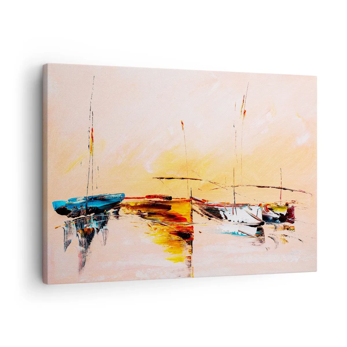 Obraz na płótnie - Kolorowe łódki na spokojnej wodzie o zachodzie słońca - 70x50cm - Wieczór w przystani - Nowoczesna dekoracja ścienna do salonu i sypialni ARTTOR