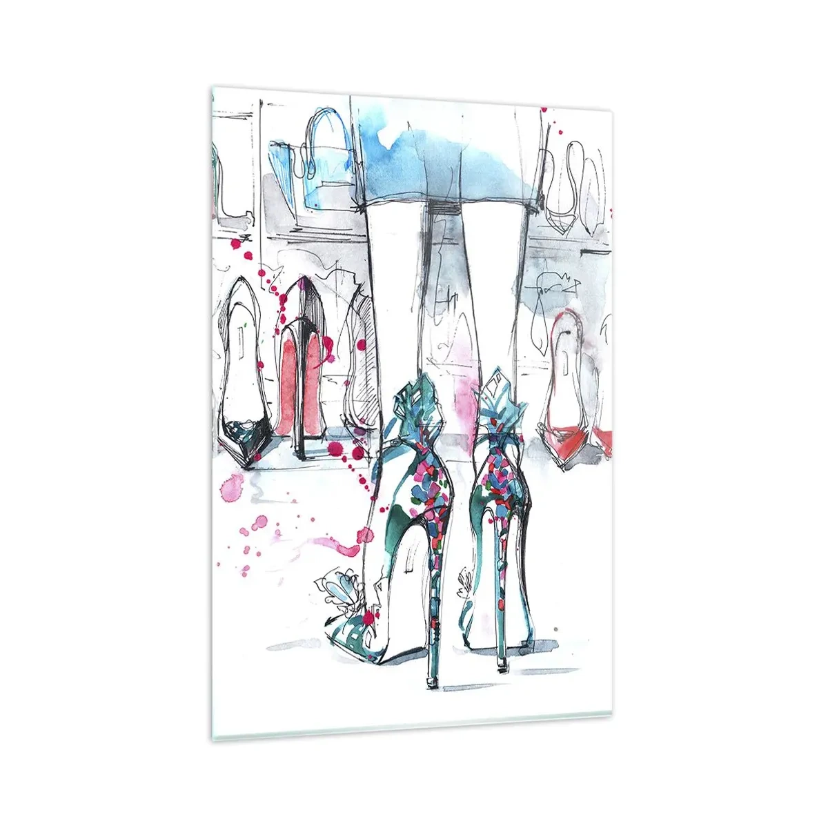 Obraz na szkle - Artystyczna grafika z butami na wysokim obcasie i akcesoriami - 80x120cm - Sezamie, otwórz się - Nowoczesna dekoracja ścienna do salonu i sypialni ARTTOR