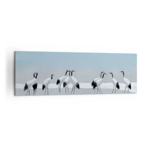Obraz na płótnie - Grupa żurawi na tle błękitnego nieba i wschodzącego słońca - 160x50cm - Po gorącym dniu - Nowoczesna dekoracja ścienna do salonu i sypialni ARTTOR