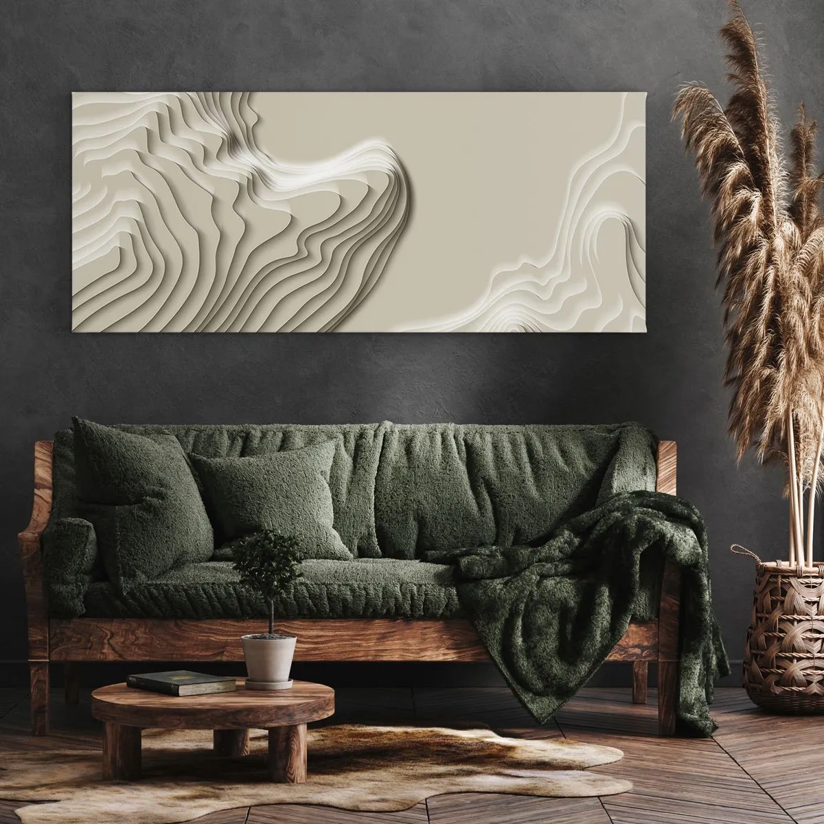 Obraz na płótnie - Abstrakcyjny wzór w odcieniach beżu z liniowym efektem - 120x50cm - Topografia sztuki - Nowoczesna dekoracja ścienna do salonu i sypialni ARTTOR