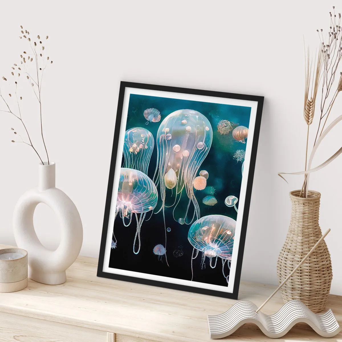 Plakat w czarnej ramie - Subtelne meduzy unoszące się w morskiej toni - 50x70cm - Podwodny bal - Nowoczesna dekoracja ścienna do salonu i sypialni ARTTOR