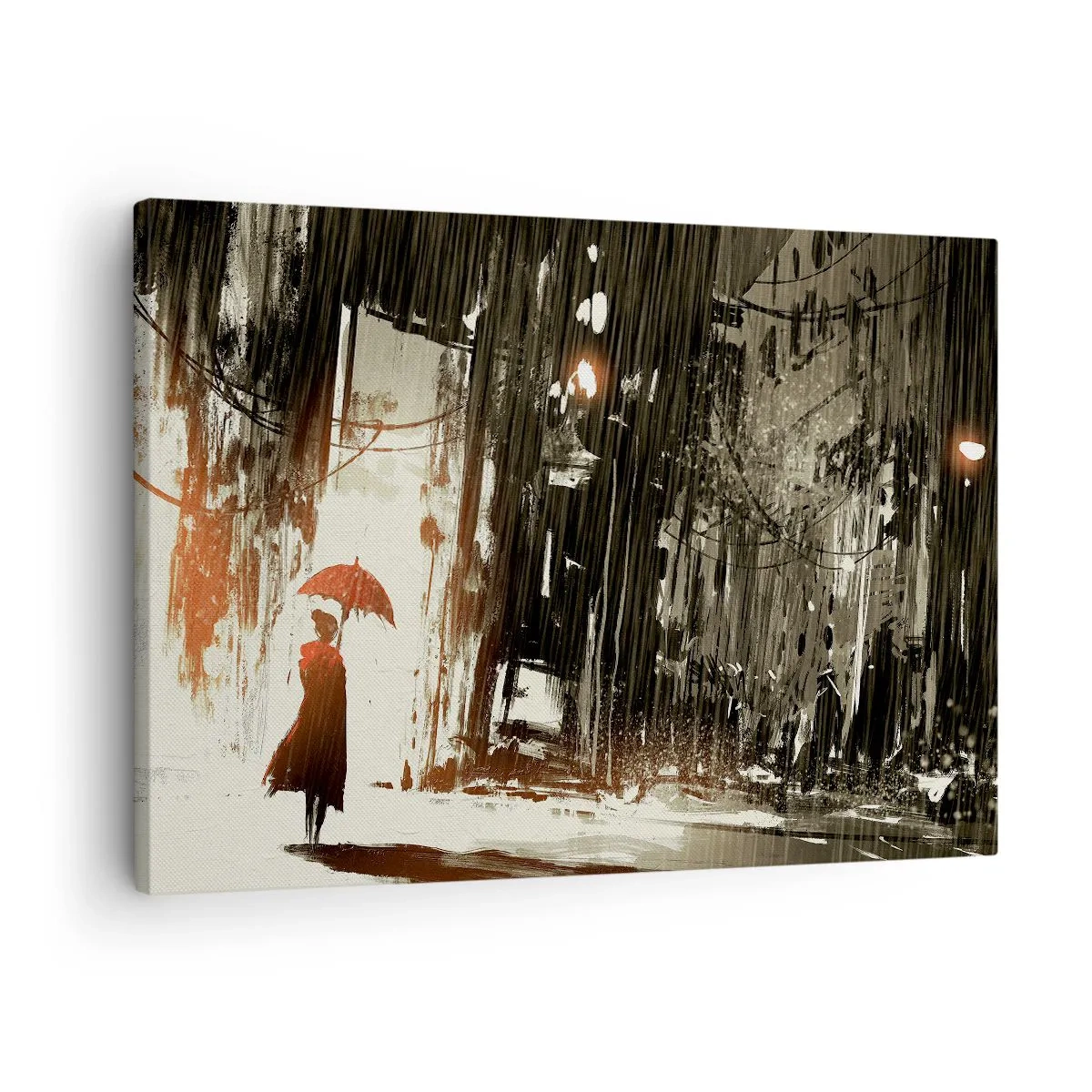 Obraz na płótnie - Czerwona postać z parasolem w deszczowej scenerii - 70x50cm - Poezja czerwonego parasola - Nowoczesna dekoracja ścienna do salonu i sypialni ARTTOR