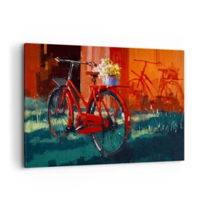 Obraz na płótnie - Czerwony rower z kwiatami w tle pomarańczowej ściany - 120x80cm - I want to ride my bicycle - Nowoczesna dekoracja ścienna do salonu, kuchni i sypialni ARTTOR