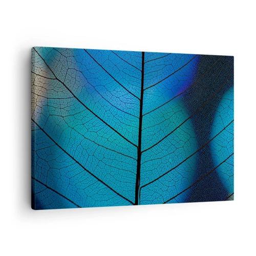 Obraz na płótnie - Zbliżenie na niebieski liść z widocznym detalem żyłek - 70x50cm - Misterna budowa - Nowoczesna dekoracja ścienna do salonu i sypialni ARTTOR