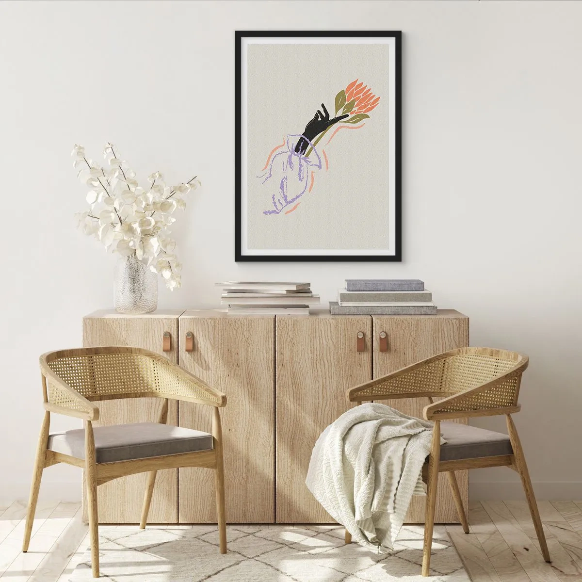 Plakat w czarnej ramie - Abstrakcyjny rysunek przedstawiający rękę trzymającą bukiet kwiatów - 50x70cm - Siostrzany dotyk - Nowoczesna dekoracja ścienna do salonu i sypialni ARTTOR