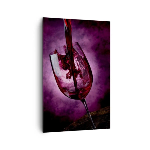 Obraz na płótnie - Czerwone wino wlewane do kieliszka na tle fioletowego dymu - 80x120cm - Szkarłat? Karmin? Nie, rubin. - Nowoczesna dekoracja ścienna do salonu i sypialni ARTTOR