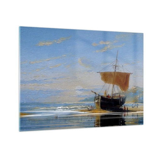 Obraz na szkle - Statek z żaglem przy brzegu w malarskim stylu - 70x50cm - Woda, ziemia, powietrze - Nowoczesna dekoracja ścienna do salonu i sypialni ARTTOR