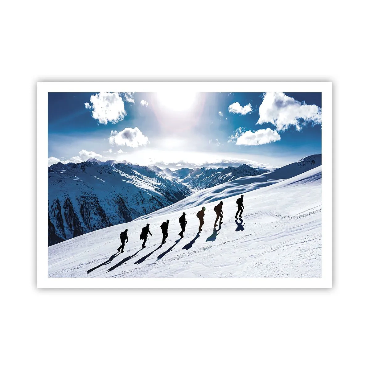 Plakat - Grupa alpinistów wędrująca po śnieżnym stoku - 100x70cm - Drużyna zdobywców - Nowoczesna dekoracja ścienna do salonu i sypialni ARTTOR