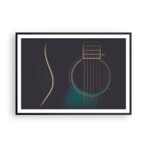 Plakat w czarnej ramie - Akustyczna gitara w ciemnym, eleganckim świetle - 100x70cm - Chwila zanim zabrzmi - Nowoczesna dekoracja ścienna do salonu i sypialni ARTTOR
