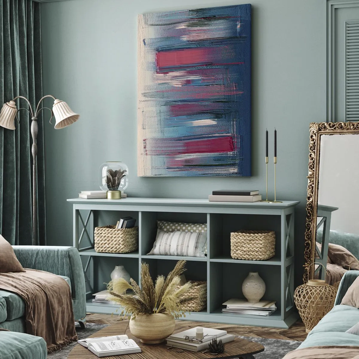 Obraz na płótnie - Abstrakcyjna kompozycja pionowych pociągnięć pędzla w odcieniach błękitu i czerwieni. - 50x70cm - Kompozycja wertykalna w błękicie i czerwieni - Nowoczesna dekoracja ścienna do salonu, kuchni i sypialni ARTTOR