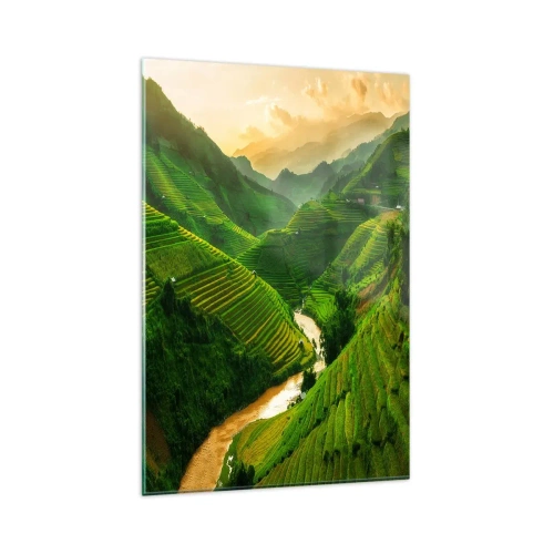 Obraz na szkle - Malownicze tarasy ryżowe w zielonej dolinie oświetlone zachodzącym słońcem - 80x120cm - Wietnamska dolina - Nowoczesna dekoracja ścienna do salonu i sypialni ARTTOR