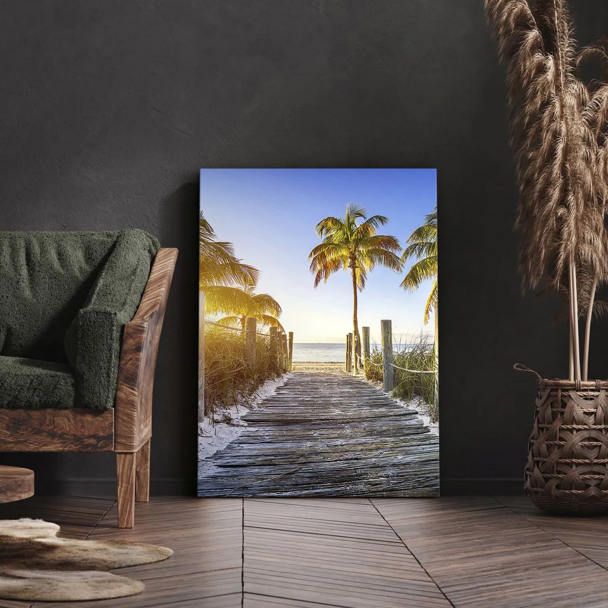 Obraz na płótnie - Drewniana ścieżka na plaży z palmami w tle - 80x120cm - Prosto do raju - Nowoczesna dekoracja ścienna do salonu i sypialni ARTTOR